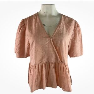 Madewell Sz L Crossover Peplum Top In Coral Pink 100% Cotton V Neck Textured
